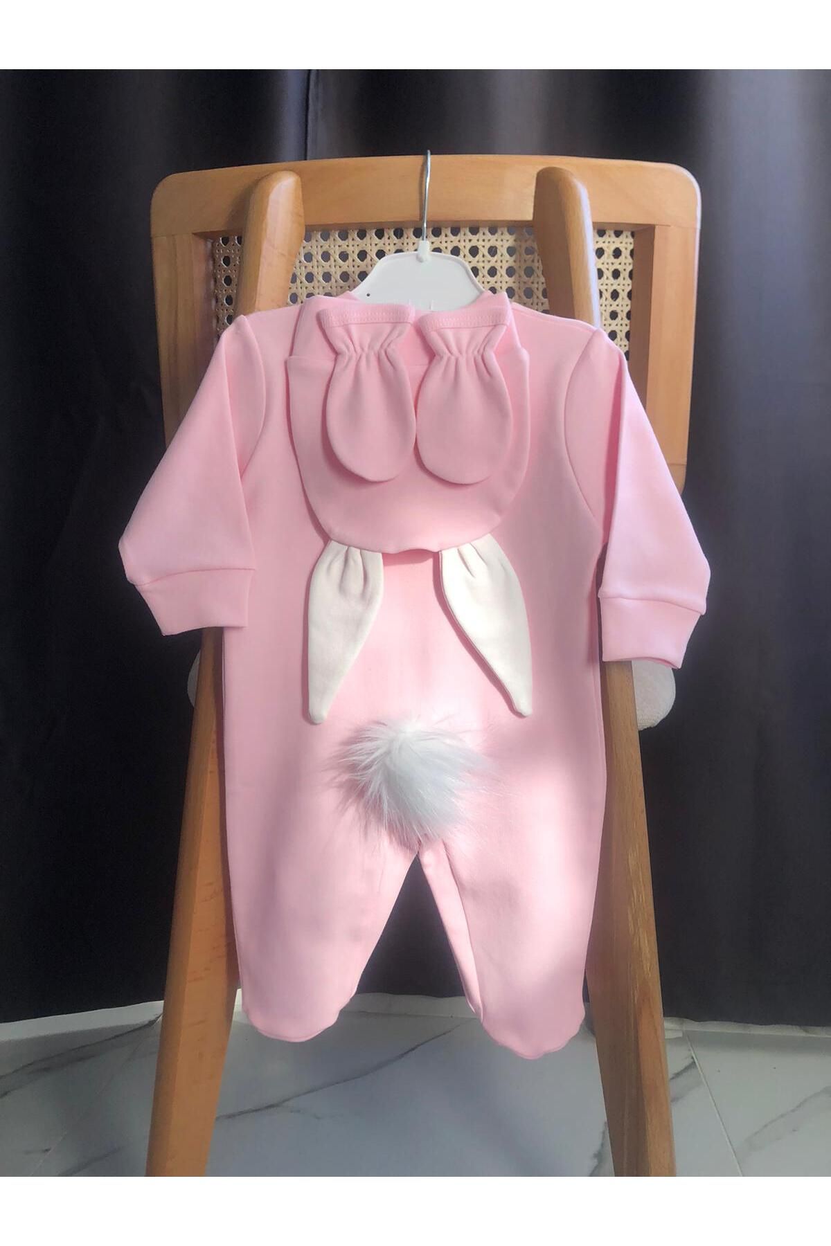 BEBEWİNİ hediyelik pembe tavşan tulum takımı