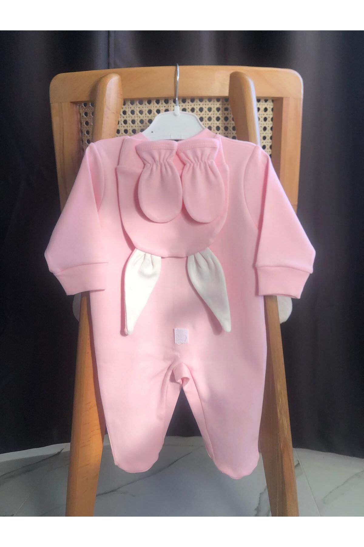 BEBEWİNİ hediyelik pembe tavşan tulum takımı