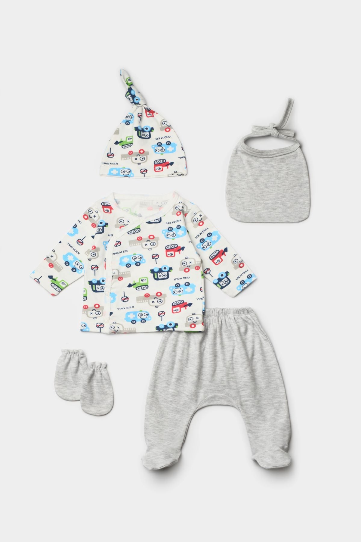 %100 Pamuk 5'li Organik Bebek Hastane Çıkışı Ekru Arabalı