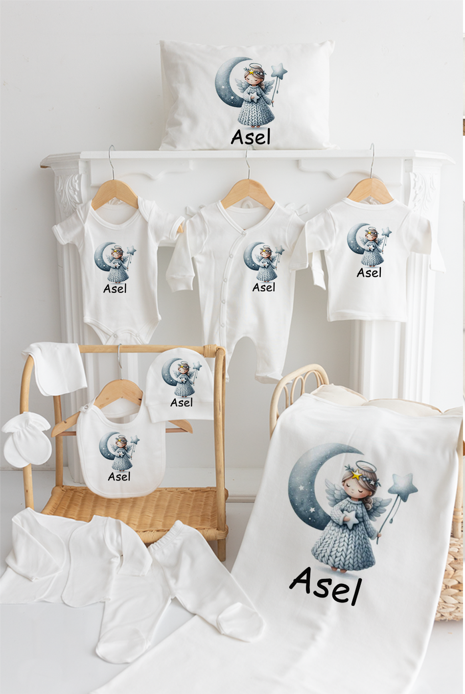 İsme Özel %100 Pamuk Baskılı 11’li Organik Bebek Hastane Çıkışı Aylı Melek M111
