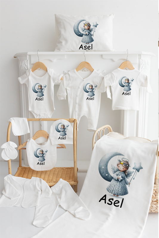 İsme Özel %100 Pamuk Baskılı 11’li Organik Bebek Hastane Çıkışı Aylı Melek M111
