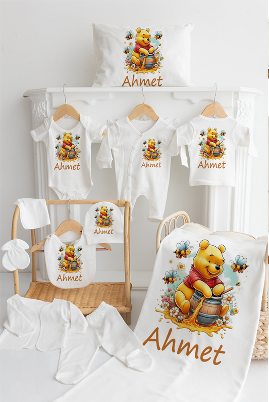 İsme Özel %100 Pamuk Baskılı 11’li Organik Bebek Hastane Çıkışı Winnie Poo Modeli M116